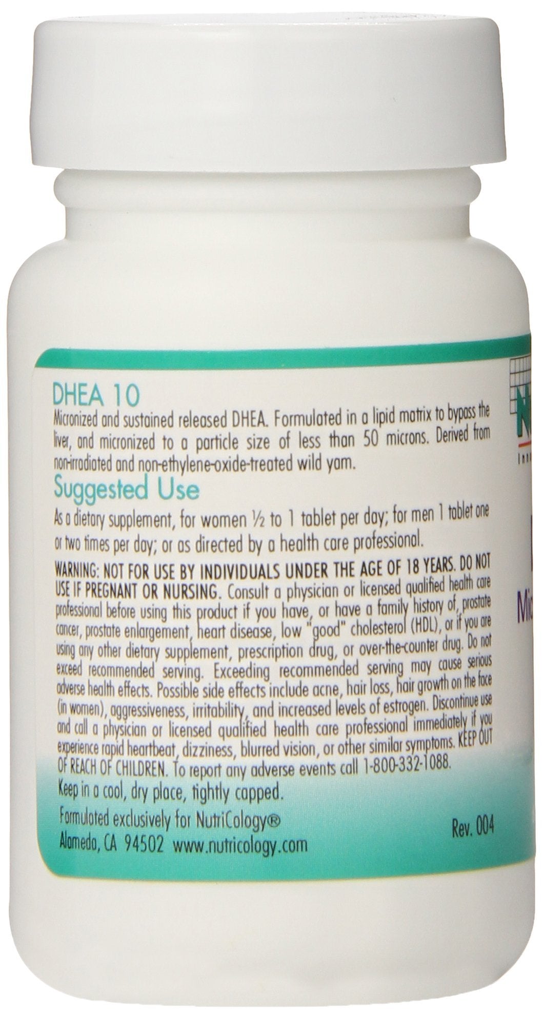 NutriCology DHEA 10 mg Sustained Release Tablets, 60 Count | Soy Free & Hypoallergenic