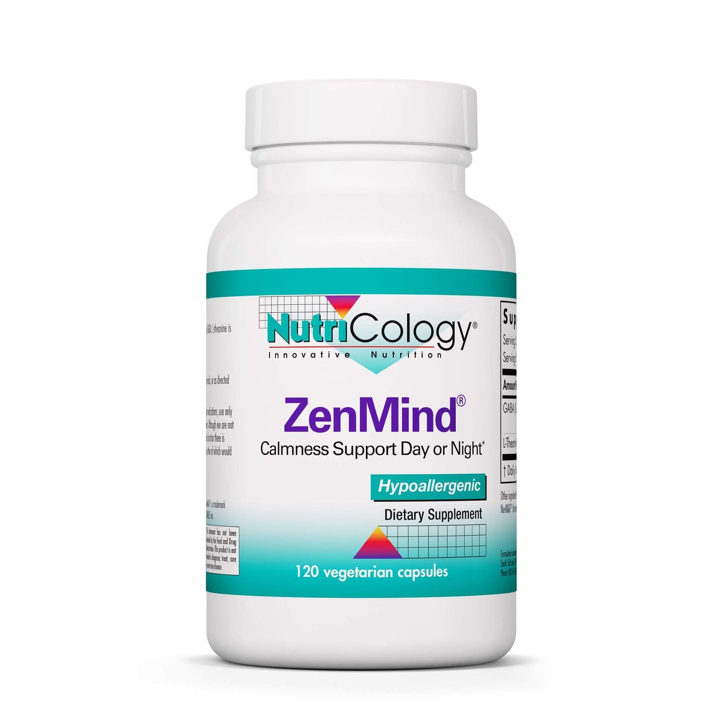 Nutricology ZenMind Supplement - Calmness Support, GABA & L-Theanine, Hypoallergenic, Vegetarian Capsules - 120 Count