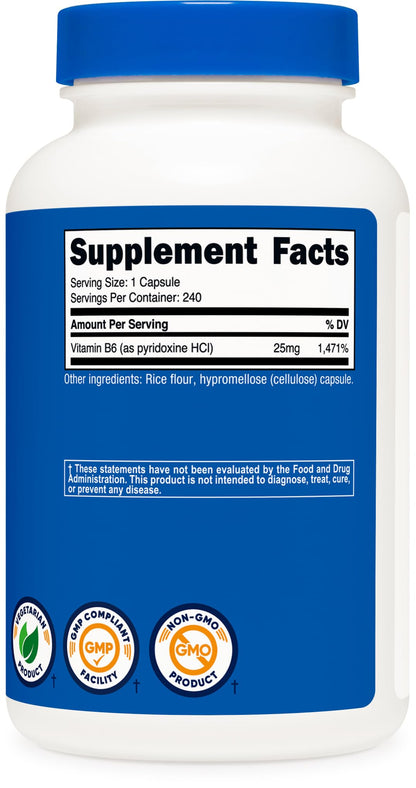 Nutricost Vitamin B6 25mg (Pyridoxine HCl) – 240 Capsules | Non-GMO, Gluten Free, Vegetarian