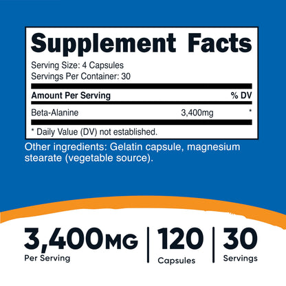 Nutricost Beta-Alanine 3400mg Capsules – 120 Caps, Gluten Free & Non-GMO