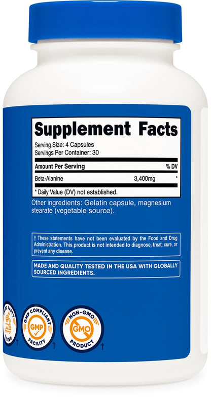 Nutricost Beta-Alanine 3400mg Capsules – 120 Caps, Gluten Free & Non-GMO