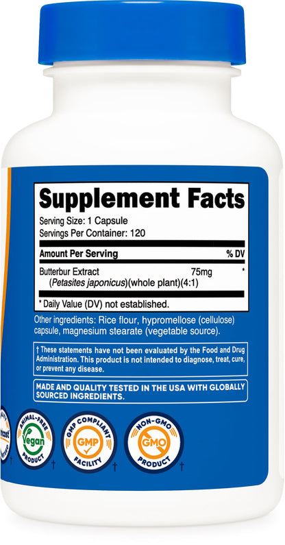 Nutricost Butterbur Extract Capsules 75 mg – 120 Count, Gluten Free, Non-GMO, Vegetarian