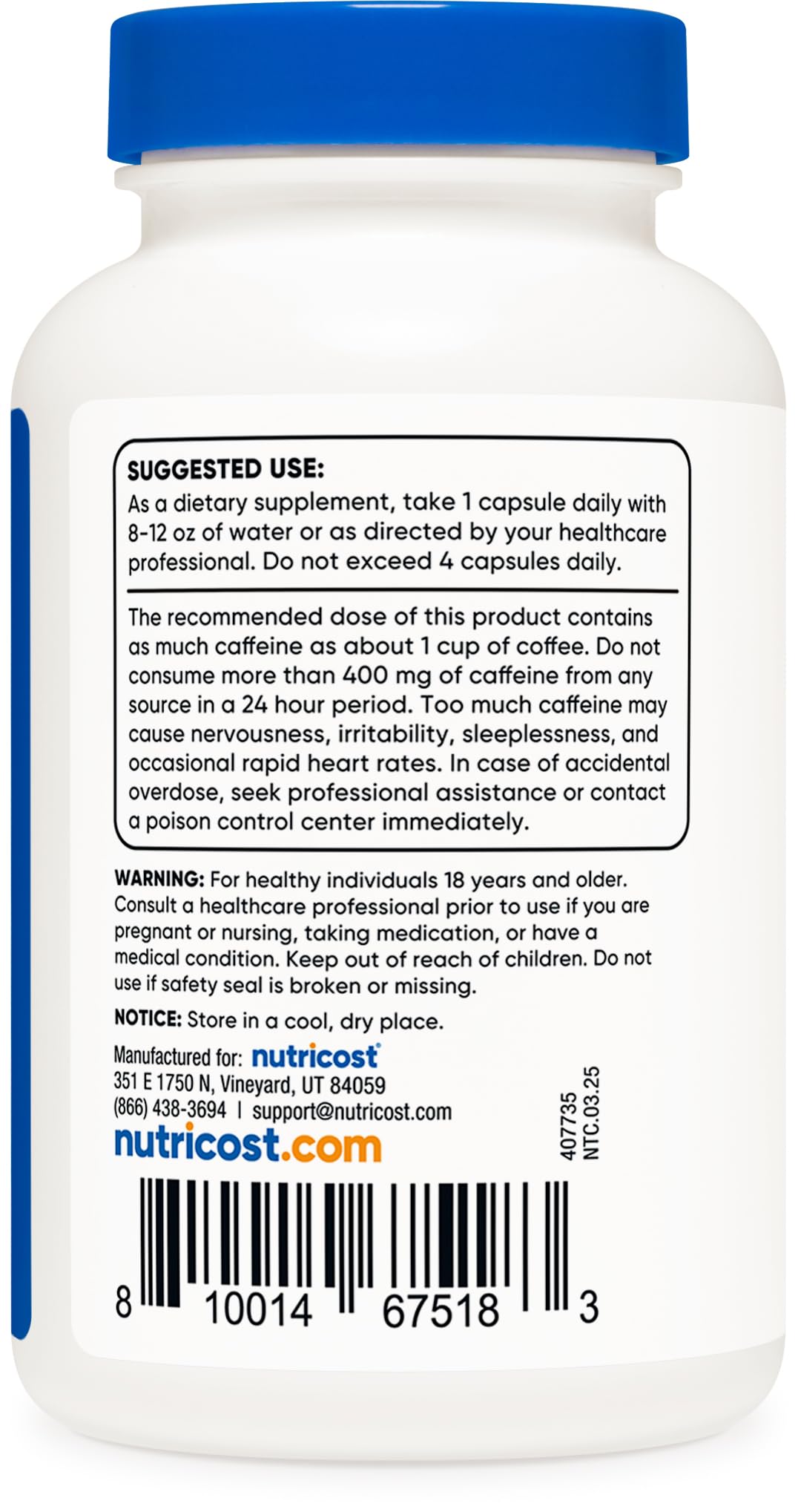 Nutricost Caffeine Pills 100mg per Serving – 250 Capsules | Energy & Focus