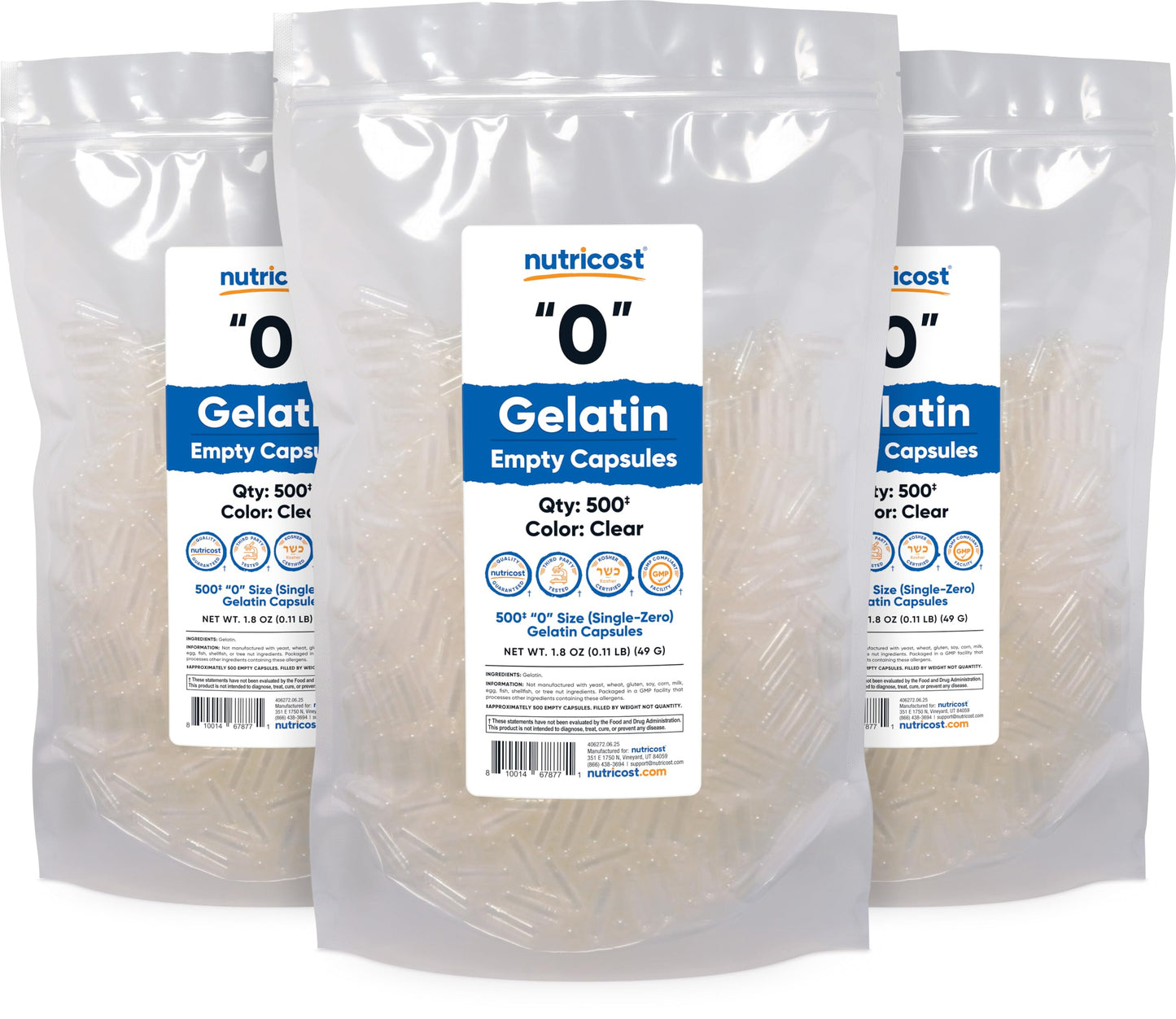 Nutricost Empty Gelatin Capsules Size 0 (500 Count) – Clear, Kosher, Non-GMO, Soy Free, Gluten Free