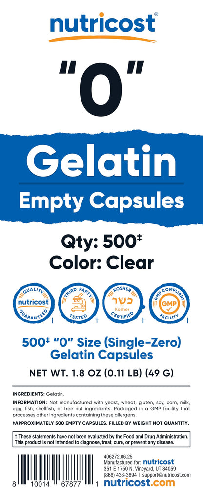 Nutricost Empty Gelatin Capsules Size 0 (500 Count) – Clear, Kosher, Non-GMO, Soy Free, Gluten Free