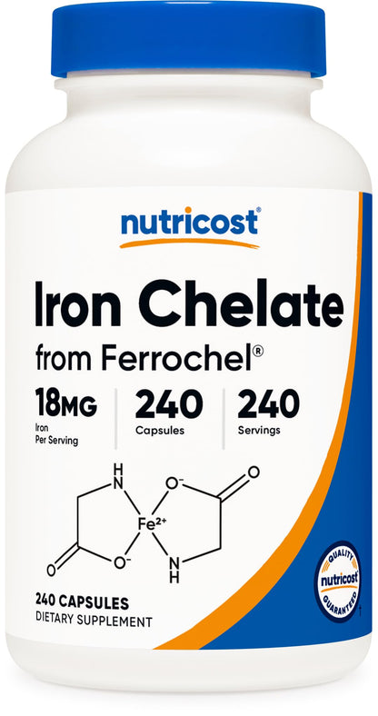Nutricost Chelated Iron 18mg, 240 Capsules – Gluten Free & Non-GMO | Ferrochel