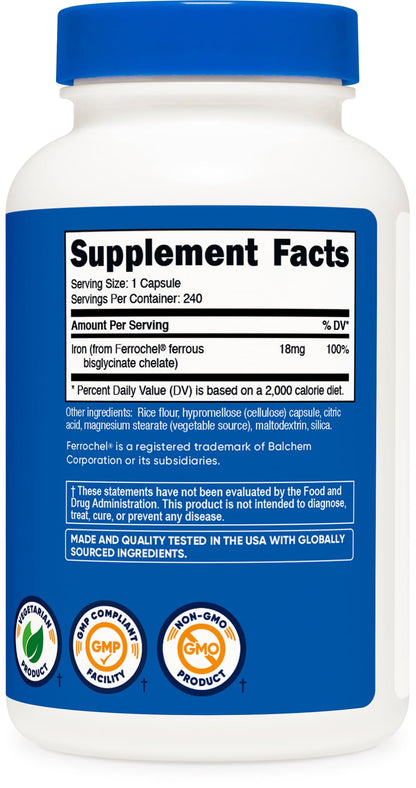 Nutricost Chelated Iron 18mg, 240 Capsules – Gluten Free & Non-GMO | Ferrochel