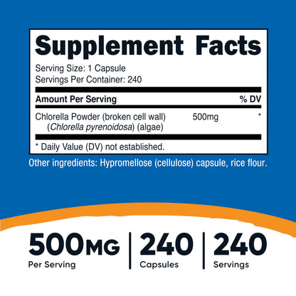 Nutricost Chlorella Capsules 500mg – 240 Veggie Capsules | Non-GMO & Gluten Free