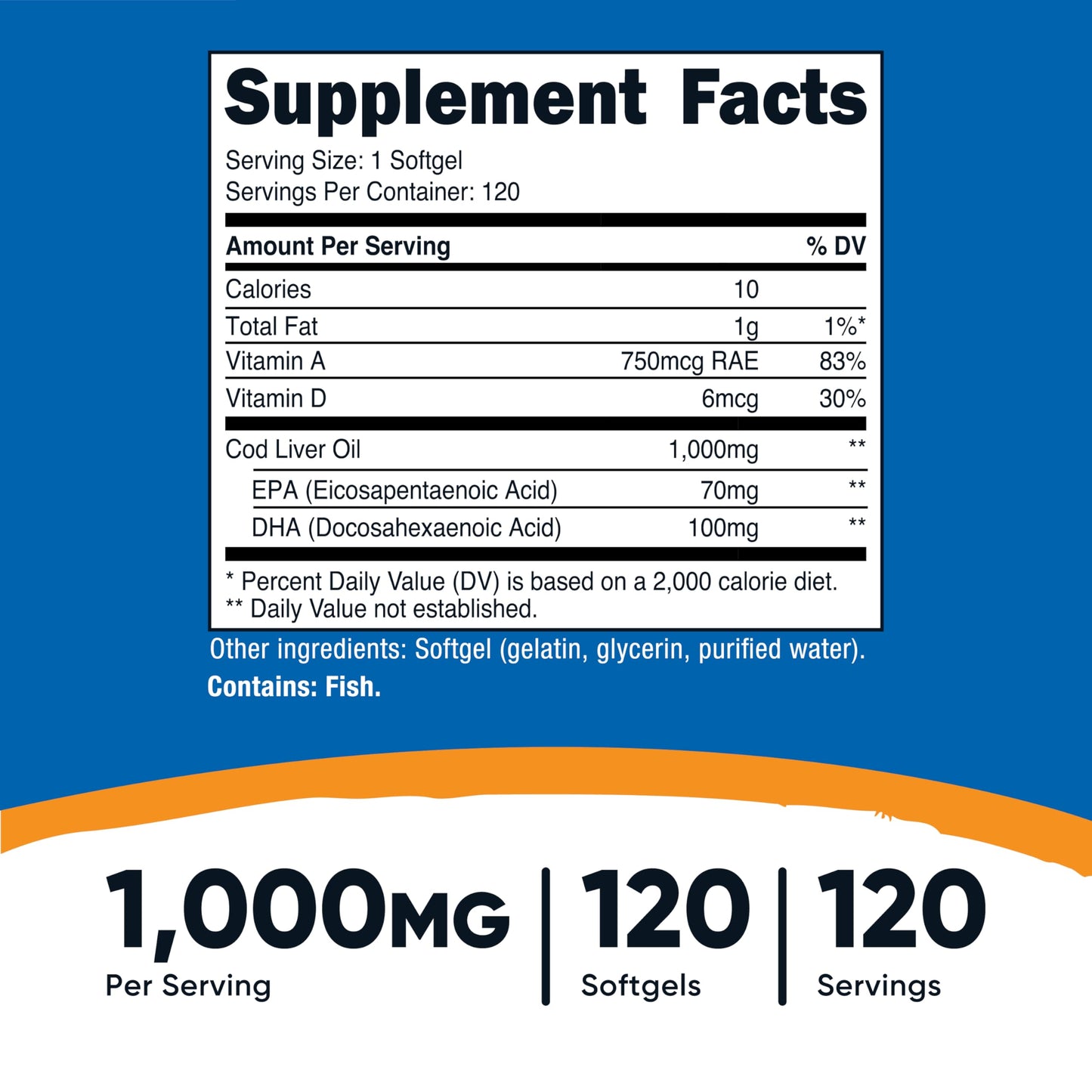 Nutricost Cod Liver Oil 1000mg, 120 Softgels – Non-GMO & Gluten Free