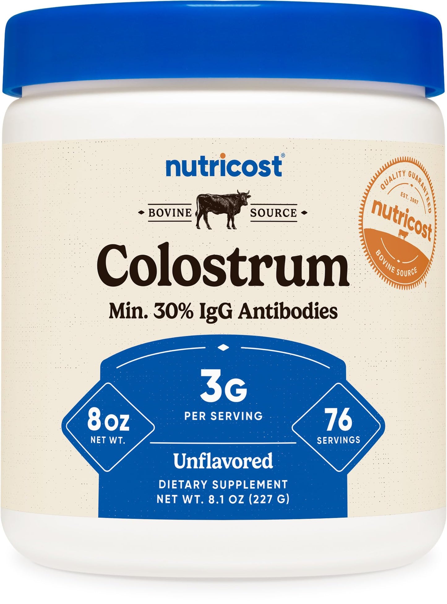 Nutricost Colostrum Powder 8 oz – 3 g per Serving, 76 Servings, 30% IgG, Lactoferrin, Non-GMO, Gluten Free