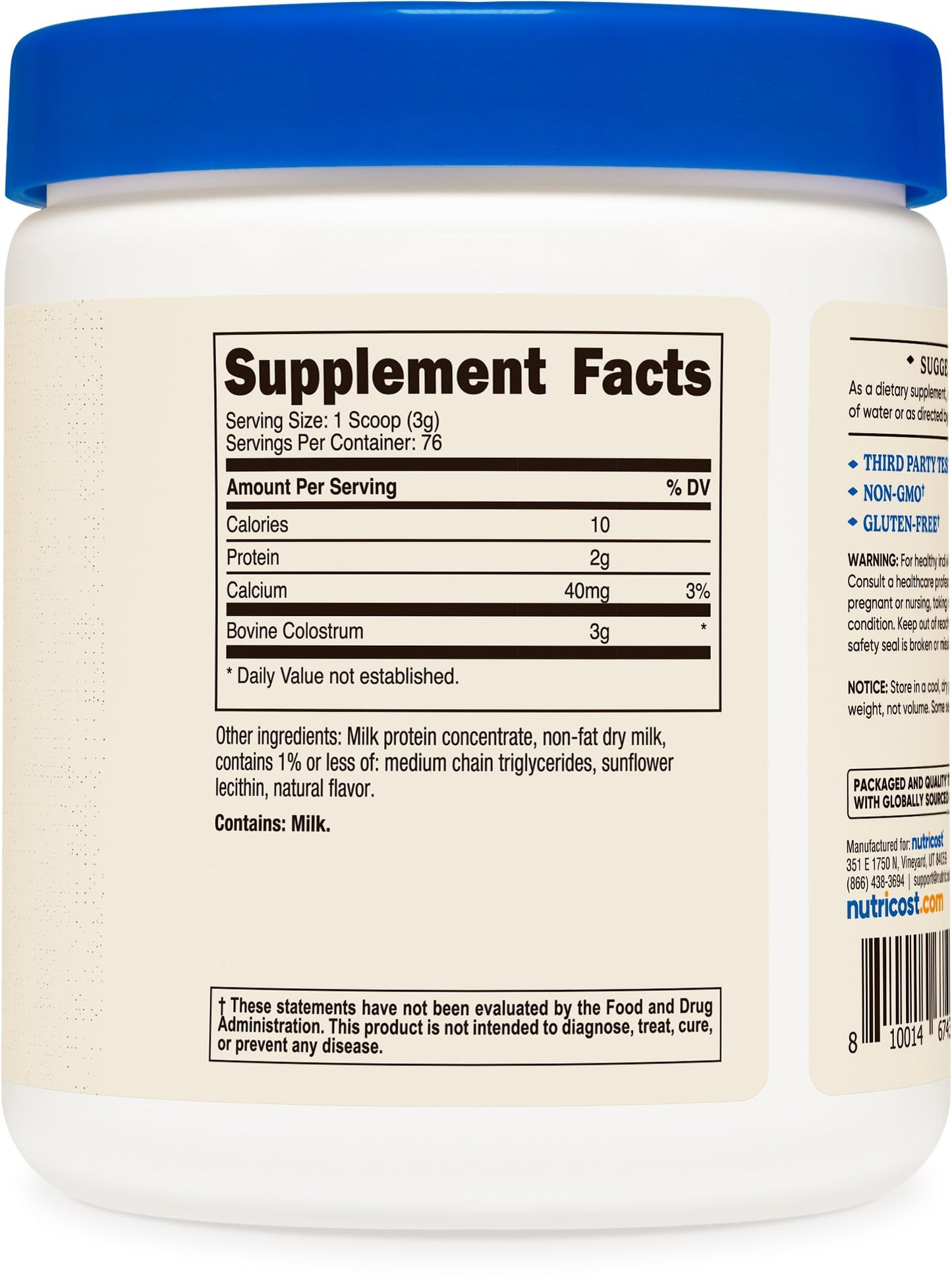 Nutricost Colostrum Powder 8 oz – 3 g per Serving, 76 Servings, 30% IgG, Lactoferrin, Non-GMO, Gluten Free