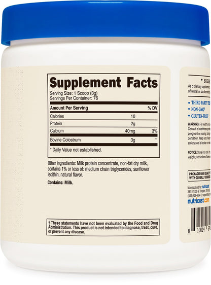 Nutricost Colostrum Powder 8 oz – 3 g per Serving, 76 Servings, 30% IgG, Lactoferrin, Non-GMO, Gluten Free