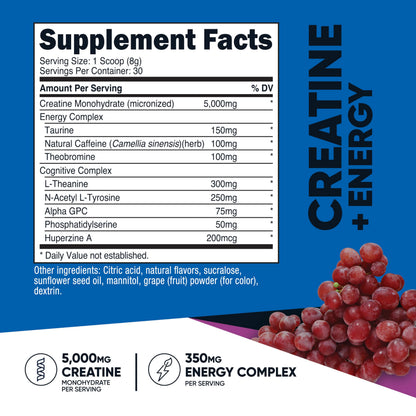 Nutricost Creatine + Energy (Grape) – 30 Servings, 5,000mg Creatine Monohydrate
