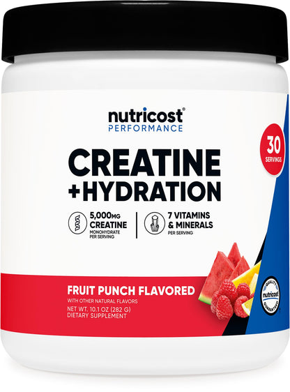 Nutricost Creatine Monohydrate + Hydration Fruit Punch (30 Servings) – 5,000mg Creatine Per Serving, 7 Vitamins & Minerals