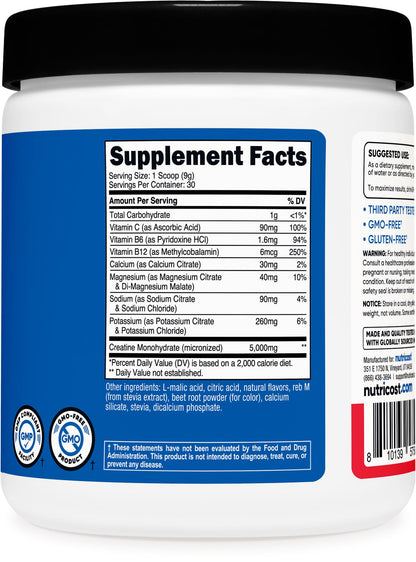 Nutricost Creatine Monohydrate + Hydration Fruit Punch (30 Servings) – 5,000mg Creatine Per Serving, 7 Vitamins & Minerals