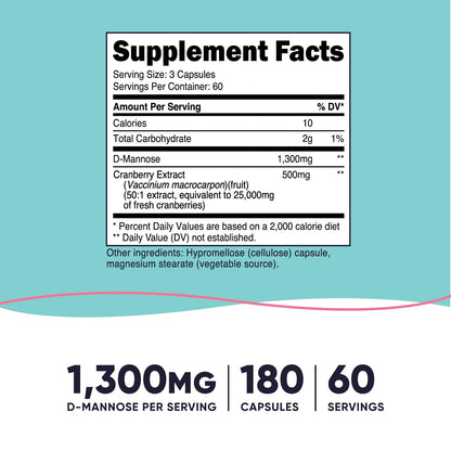 Nutricost D-Mannose with Cranberry Extract for Women – 1300mg | 180 Capsules