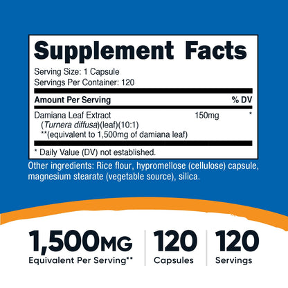 Nutricost Damiana Leaf Capsules (1500 mg Equivalent) – 120 Capsules | Vegan, GMO-Free