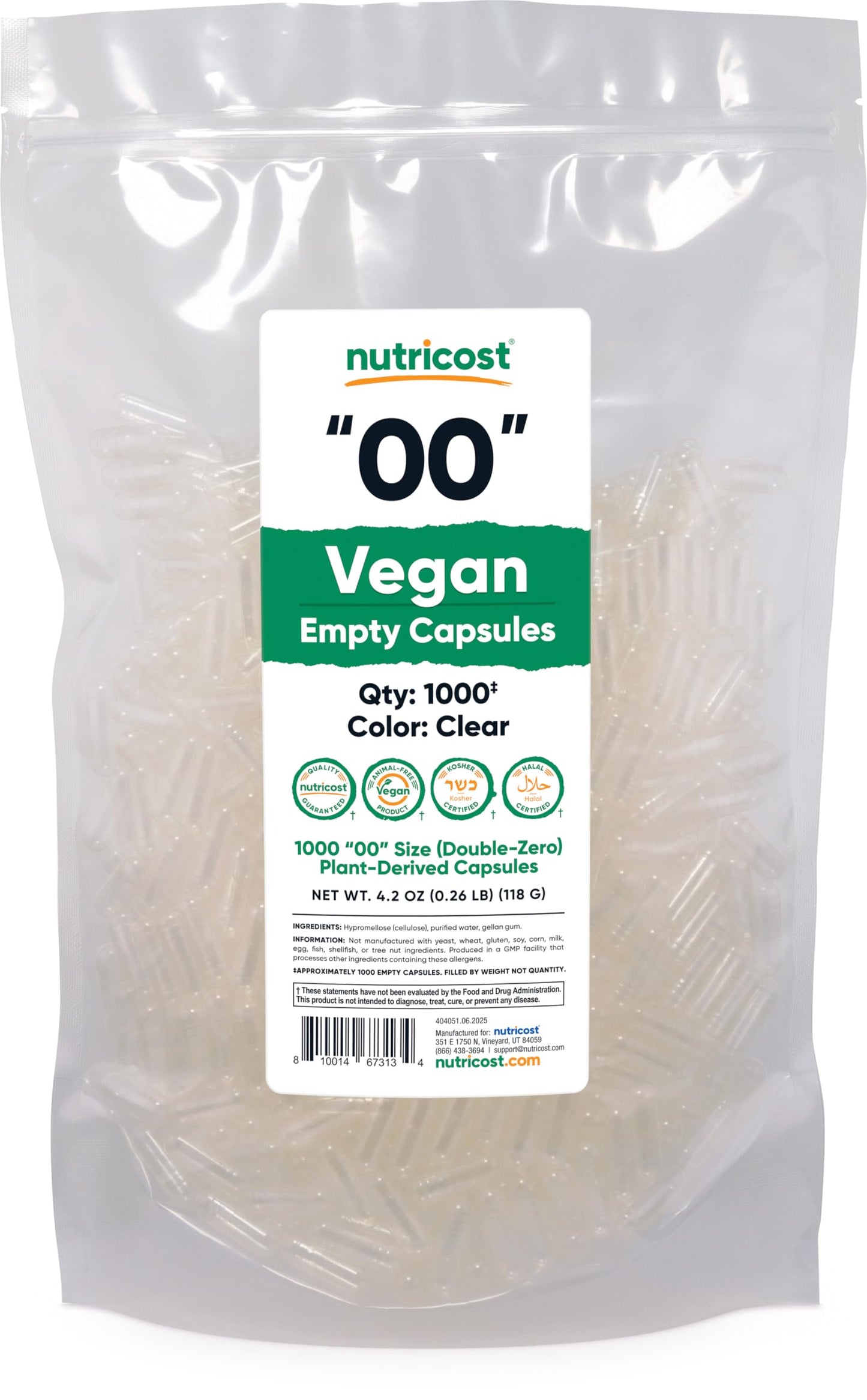 Nutricost Empty Capsules Size 00 – 1000 Clear Plant-Based Capsules (Kosher, Halal, Non-GMO, Soy Free, Gluten Free, Vegetarian)