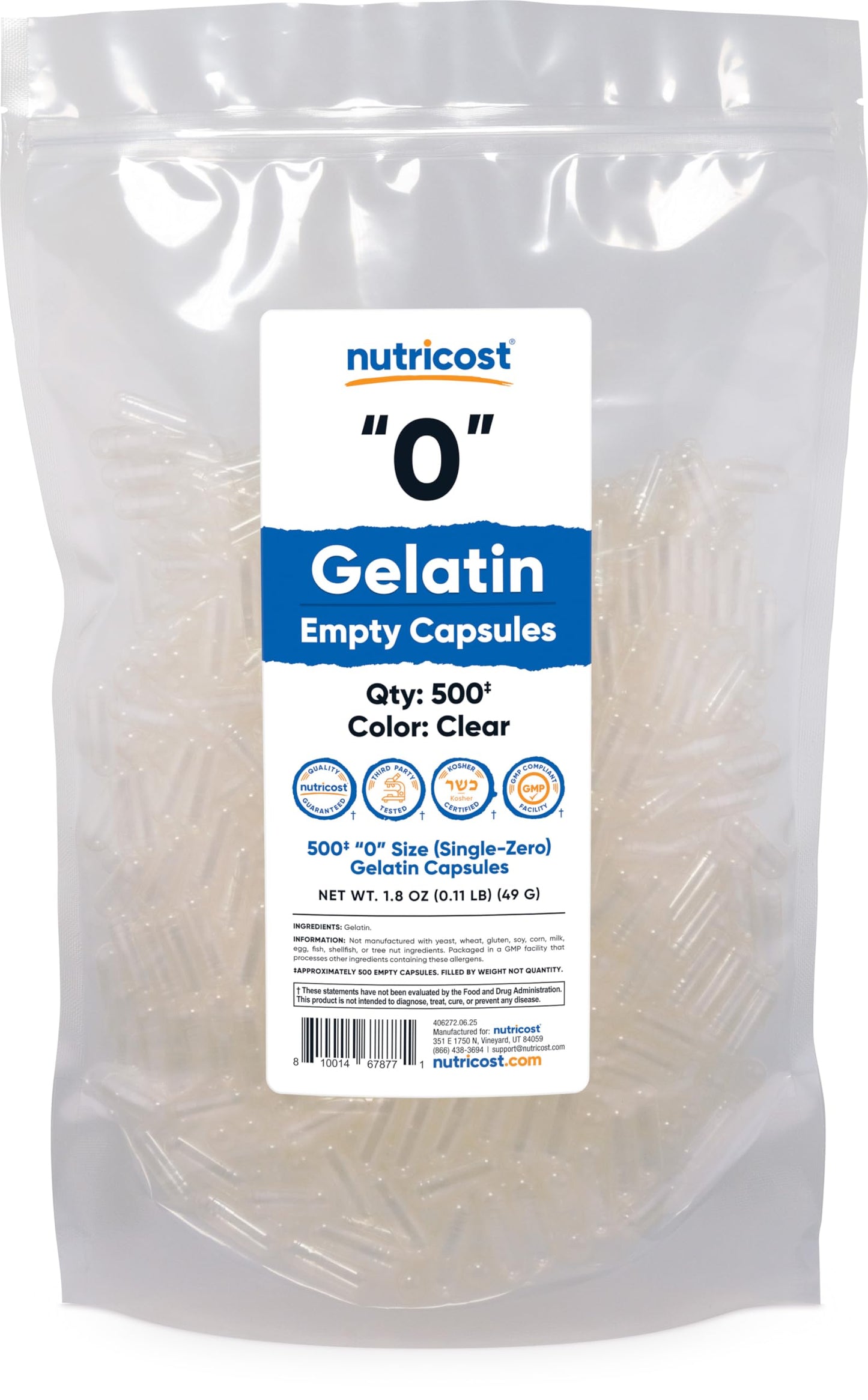 Nutricost Empty Gelatin Capsules Size 0 (500 Count) – Clear, Kosher, Non-GMO, Soy Free, Gluten Free