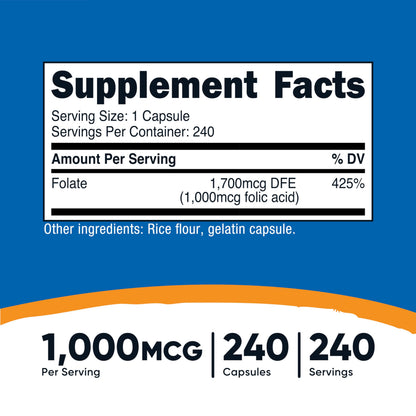 Nutricost Folic Acid 1000 mcg – 240 Capsules | Vitamin B9