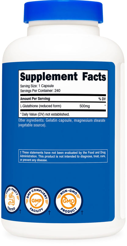 Nutricost Glutathione Capsules 500mg – 240 Count | Gluten Free & Non-GMO