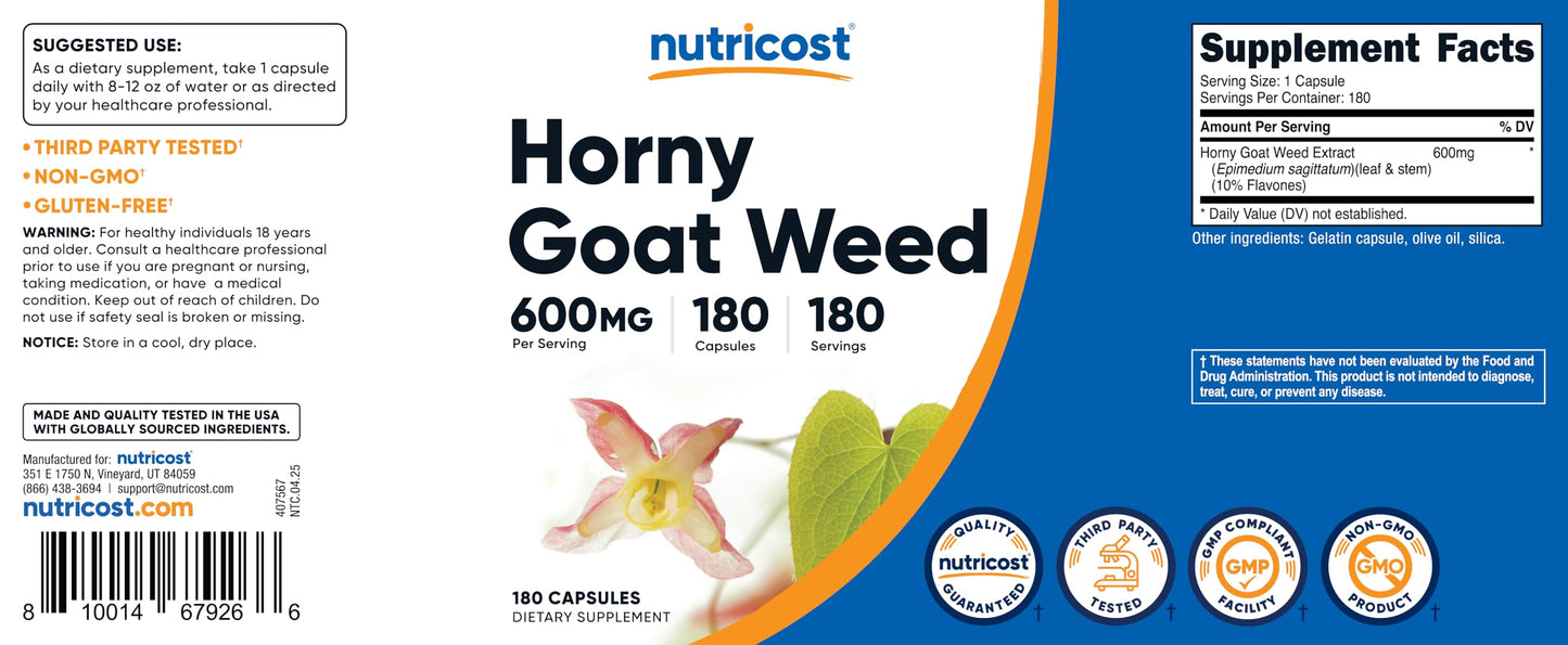 Nutricost Horny Goat Weed Extract (Epimedium) - 180 Capsules, 600mg per Capsule