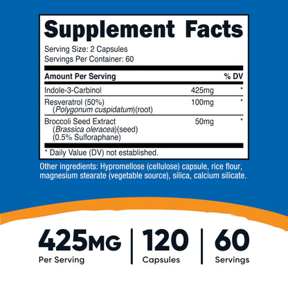 Nutricost Indole-3-Carbinol Supplement (425mg) - 120 Capsules (60 Servings)