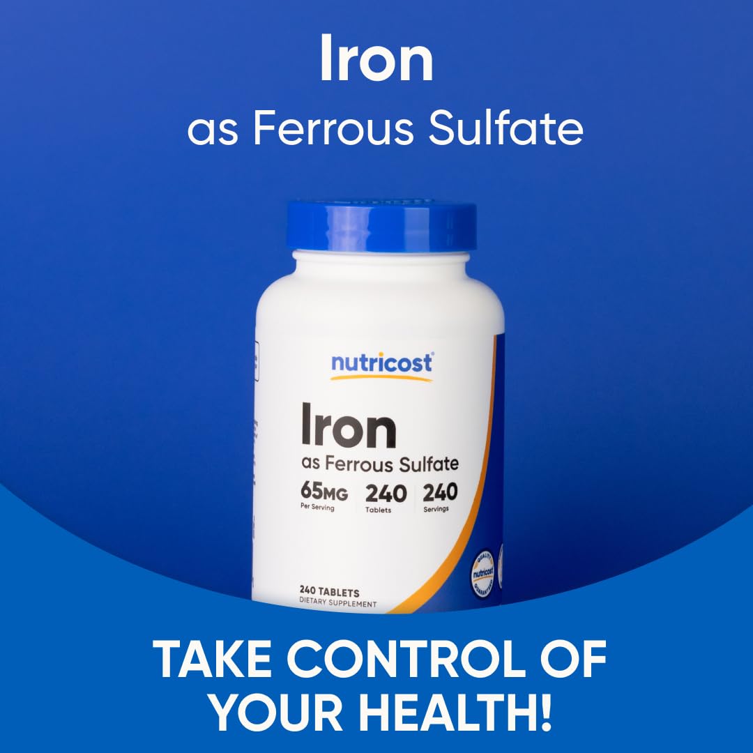 Nutricost Iron (As Ferrous Sulate) 65mg, 240 Tablets – Non-GMO, Gluten Free