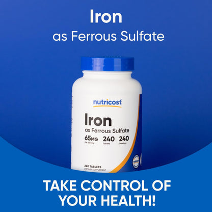 Nutricost Iron (As Ferrous Sulate) 65mg, 240 Tablets – Non-GMO, Gluten Free