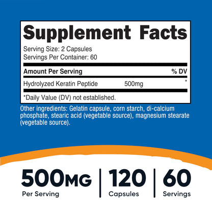 Nutricost Keratin Hydrolized Peptide Capsules - 500MG, 120 Capsules (60 Servings) - Non-GMO, Gluten-Free