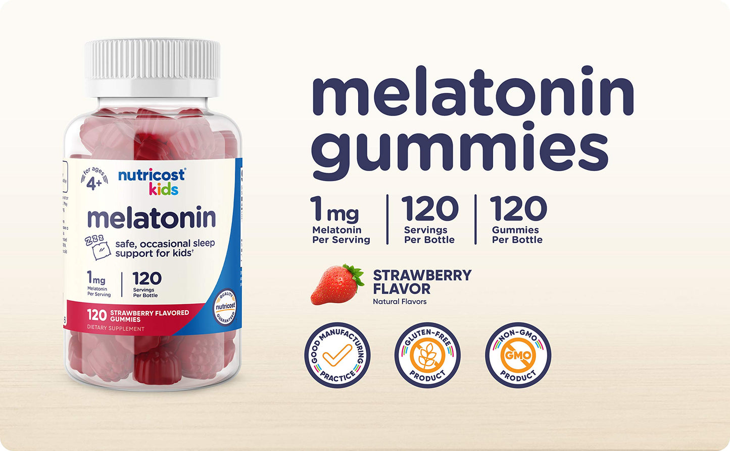 Nutricost Kids Melatonin Gummies 1mg – 120 Strawberry Flavored