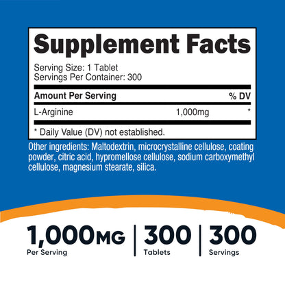 Nutricost L-Arginine 1000mg - 300 Tablets | Amino Acid Supplement