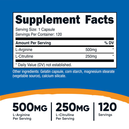 Nutricost L-Arginine L-Citrulline Complex 750mg - 120 Capsules | Non-GMO