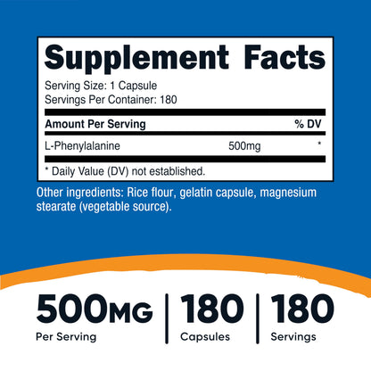 Nutricost L-Phenylalanine 500mg – 180 Capsules | USA Made, GMP Certified