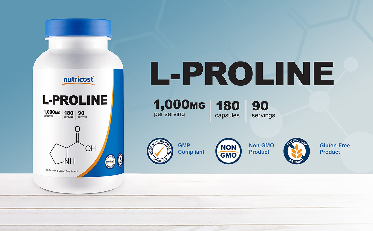Nutricost L-Proline 1000mg - 180 Capsules (90 Servings) - Non-GMO, Gluten Free