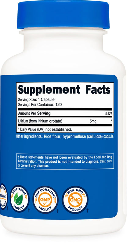 Nutricost Lithium Orotate 5mg - 120 Veggie Caps, Non-GMO, Gluten Free
