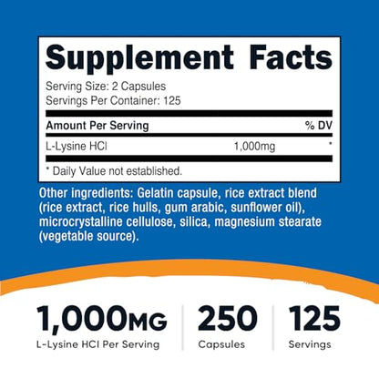 Nutricost L-Lysine 1000mg | 250 Capsules | 500mg per Capsule | Gluten Free & Non-GMO