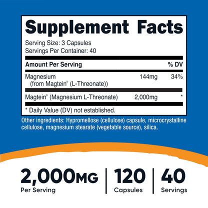 Nutricost Magnesium L-Threonate (Magtein) 2000mg – 120 Capsules – Non-GMO, Gluten Free, Vegetarian Friendly