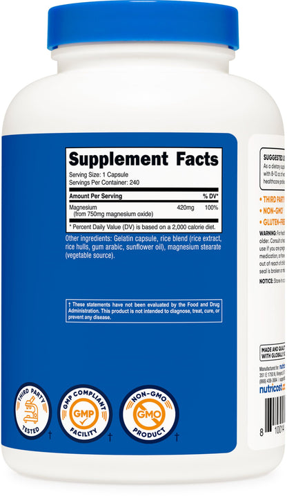 Nutricost Magnesium Oxide 750mg | 420mg Magnesium per Serving | 240 Capsules