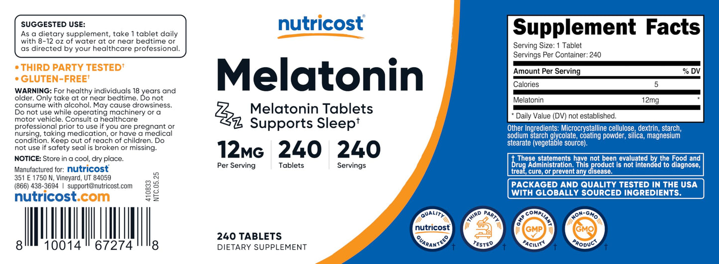 Nutricost Melatonin 12mg - 240 Tablets | Sleep Support | Non-GMO, Gluten Free