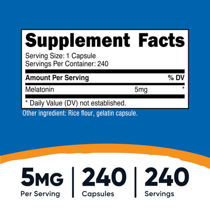 Nutricost Melatonin 5mg – 240 Capsules | 5mg Per Serving, Non-GMO, Gluten Free