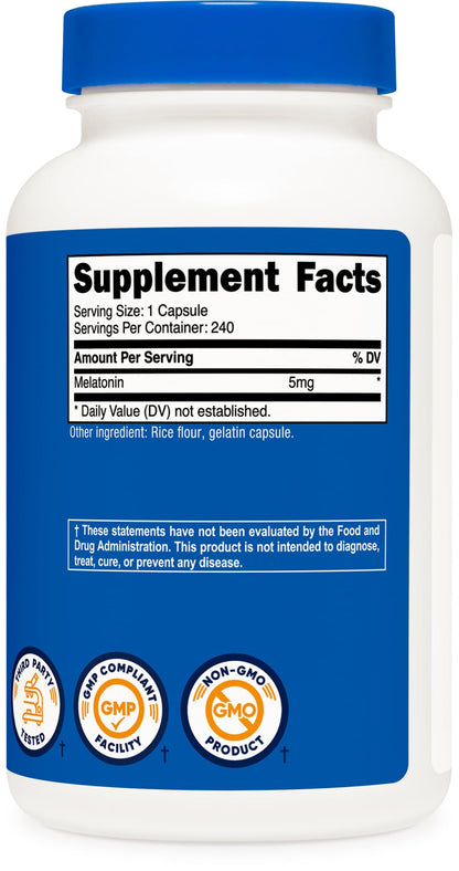 Nutricost Melatonin 5mg – 240 Capsules | 5mg Per Serving, Non-GMO, Gluten Free