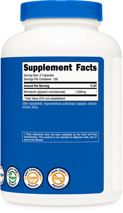 Nutricost Monolaurin 1000 mg – 120 Servings (240 Capsules) – Gluten-Free, Non-GMO, Vegan