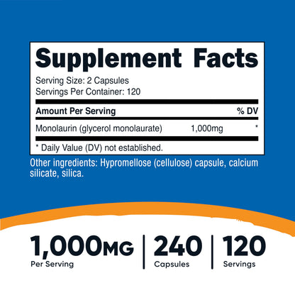 Nutricost Monolaurin 1000 mg – 120 Servings (240 Capsules) – Gluten-Free, Non-GMO, Vegan