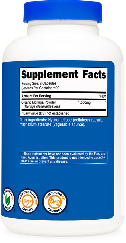 Nutricost Moringa Capsules 500mg – 180 Capsules (90 Servings) | Vegetarian, Non-GMO, Gluten Free, Soy Free