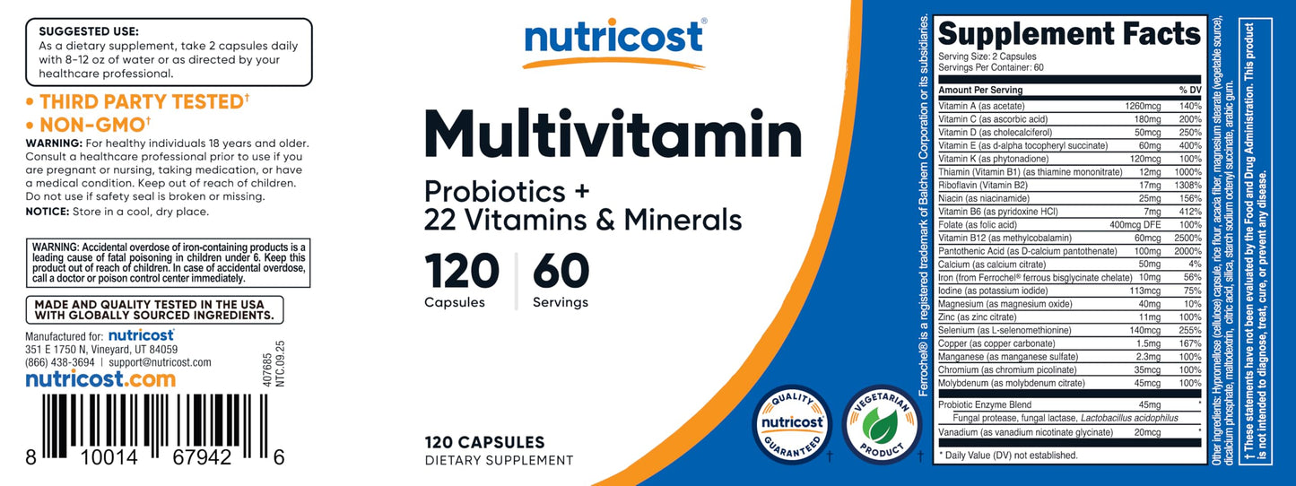 Nutricost Multivitamin with Probiotics – 120 Vegetarian Capsules | Packed with Vitamins & Minerals