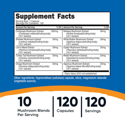 Nutricost Mushroom Complex Supplement | 120 Capsules | 10-Mushroom Blend | Non-GMO & Gluten Free