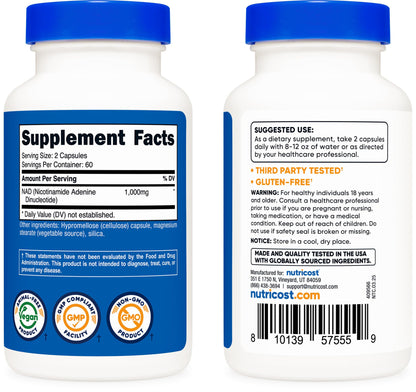 Nutricost NAD+ Supplement 1,000mg per Serving - 60 Servings, Vegan & Gluten-Free