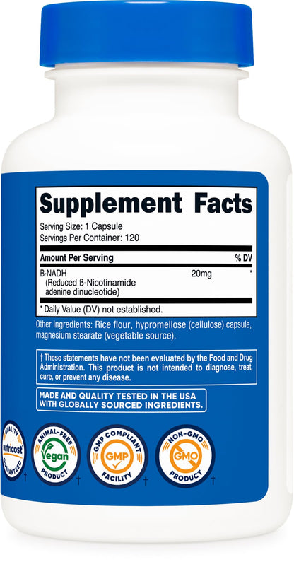 Nutricost NADH Supplement (20mg) 120 Capsules - Vegan, Gluten-Free | B-Nicotinamide Adenine Dinucleotide