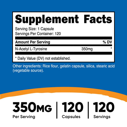 Nutricost N-Acetyl L-Tyrosine (NALT) 350mg – 120 Capsules | Gluten Free, Non-GMO